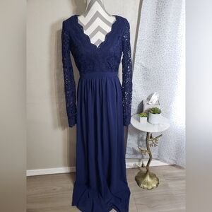 Pinkblush Navy Blue Lace Long Sleeve Scallop Maxi Dress Open Back Formal Gown